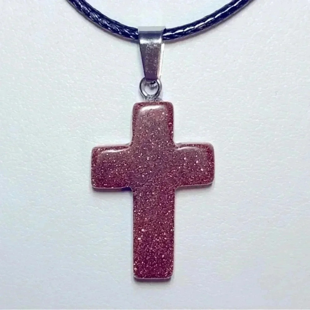 Sandstone Cross Natural Braided Stainless Steel Necklace NWT